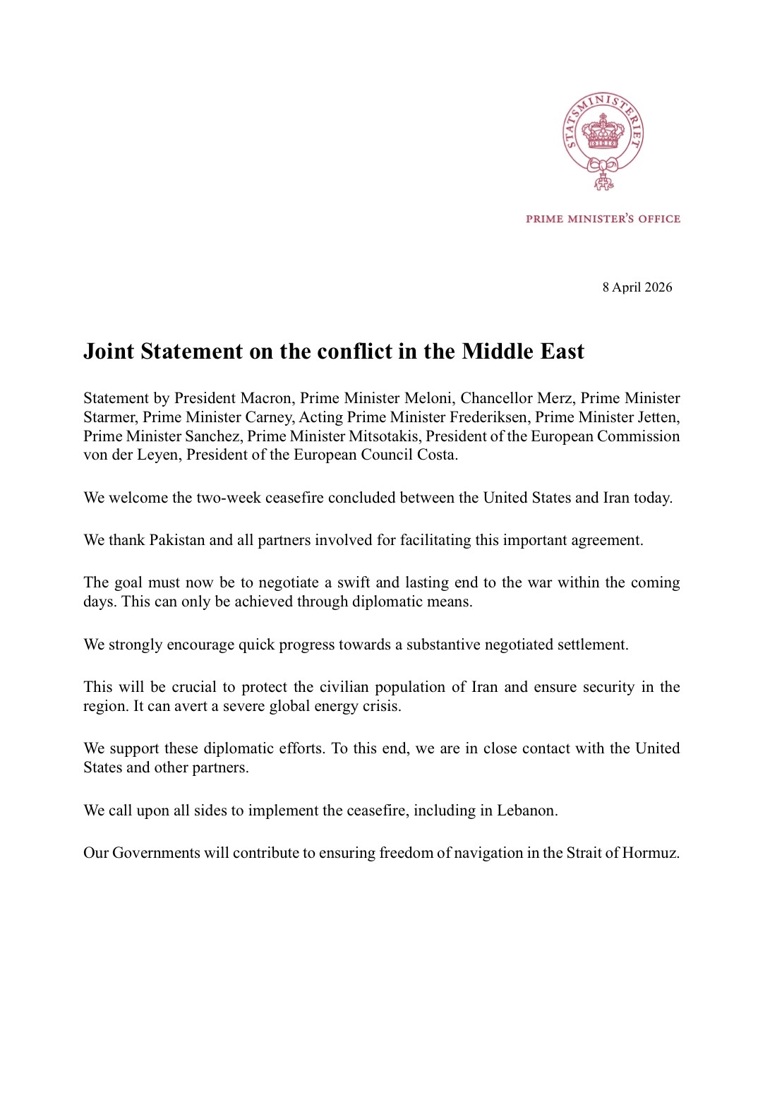 Billedet forestiller et screenshot af fællesudtalelsen