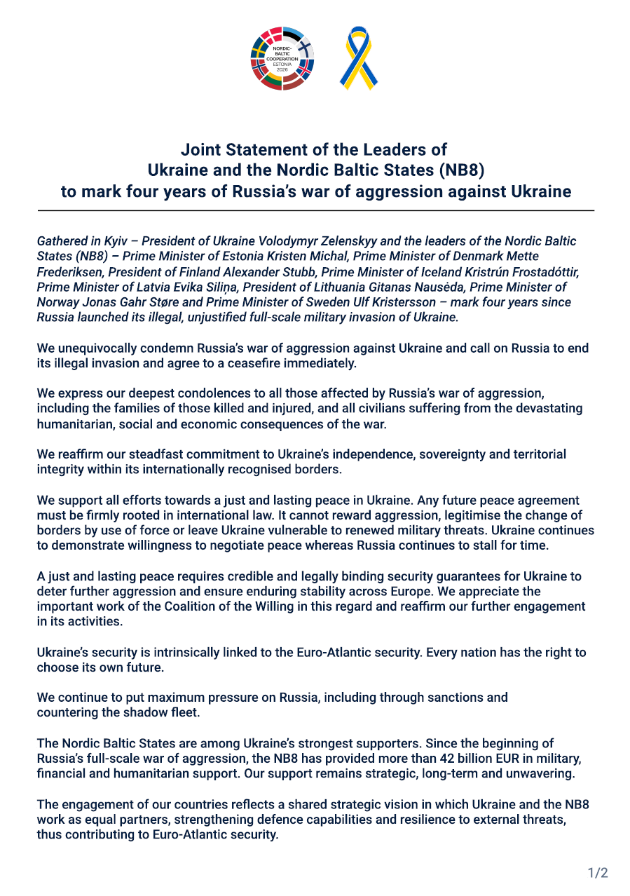Joint Statement Of The Leaders Of Ukraine And The Nordic Baltic States (NB8) To Mark Four Years Of Russia’S War Of Aggression Against Ukraine