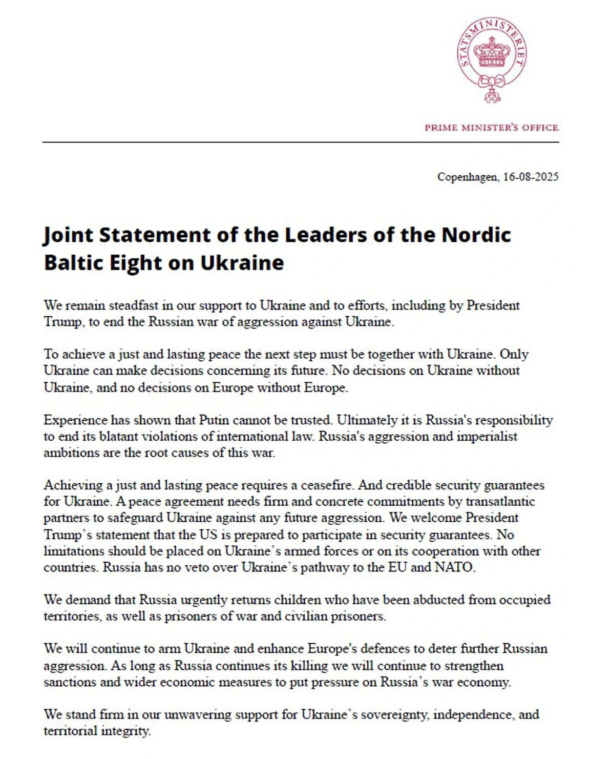 Joint Statement of the Leaders of the Nordic Baltic Eight on Ukraine ...