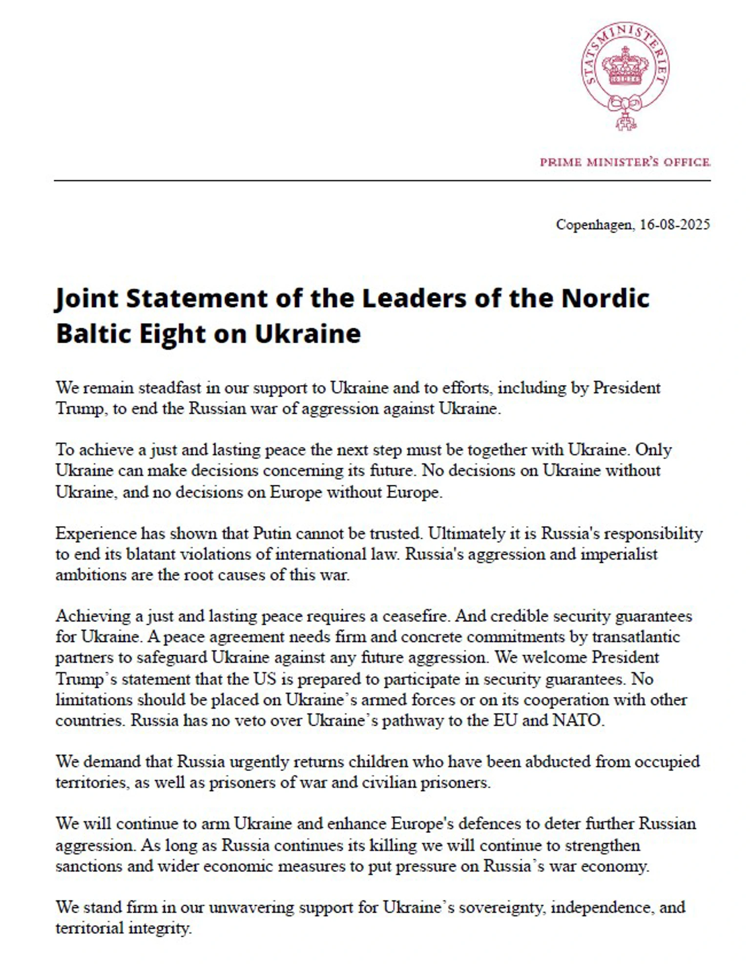 Joint Statement of the Leaders of the Nordic Baltic Eight on Ukraine ...