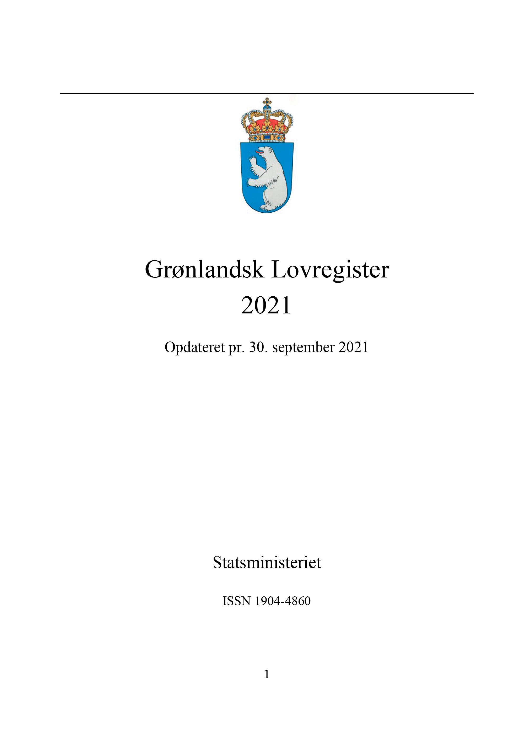 Forside til Grønlandsk Lovregister, 3. kvartal 2021