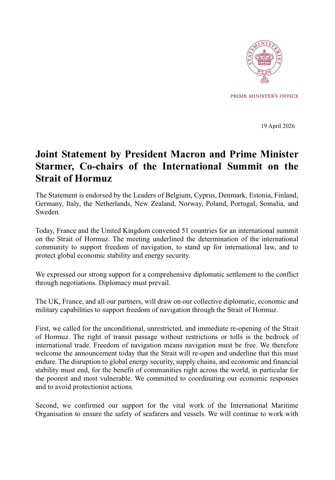 Billedet viser første side af erklæringen. 