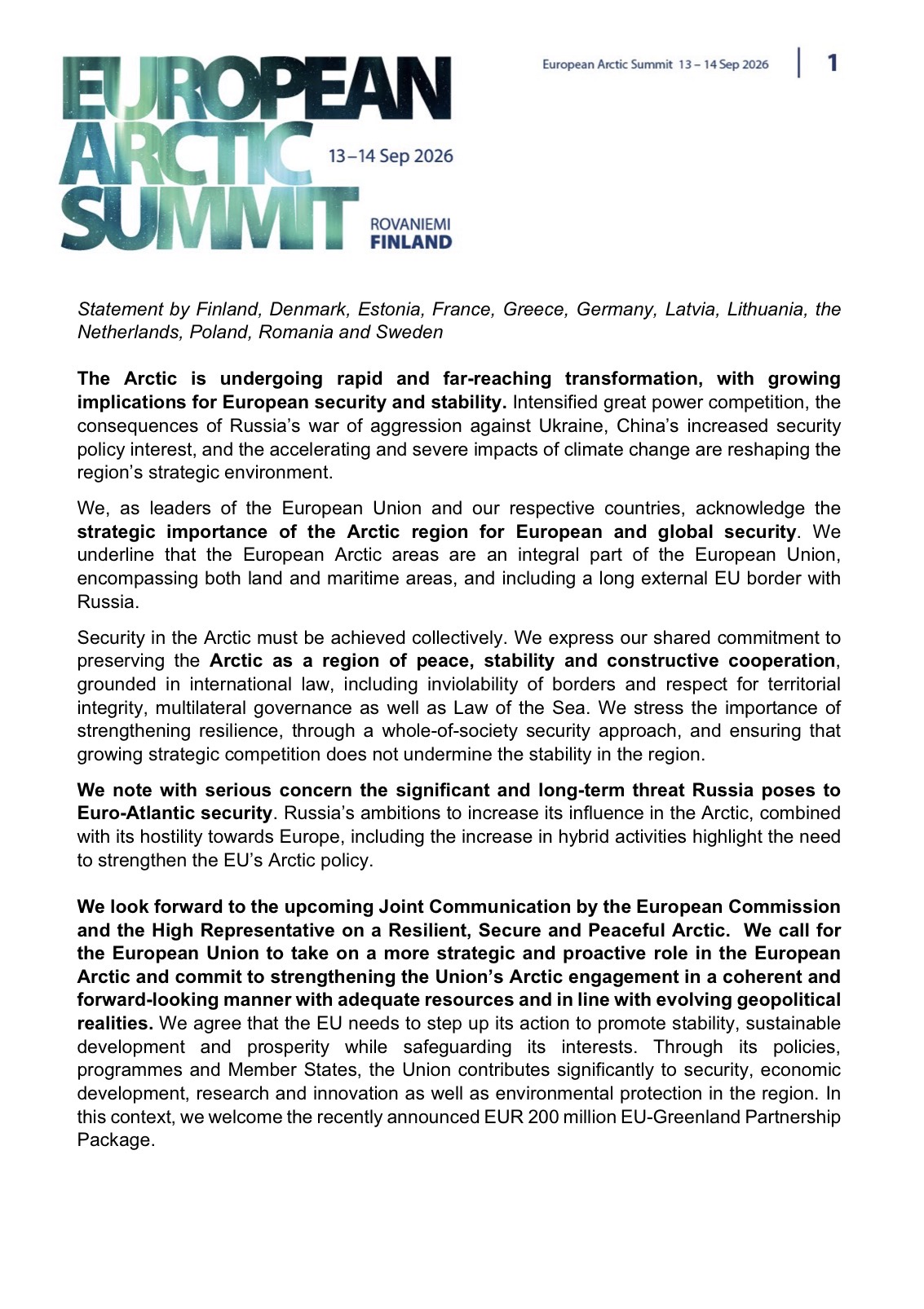 Topmødeerklæring fra European Arctic Summit