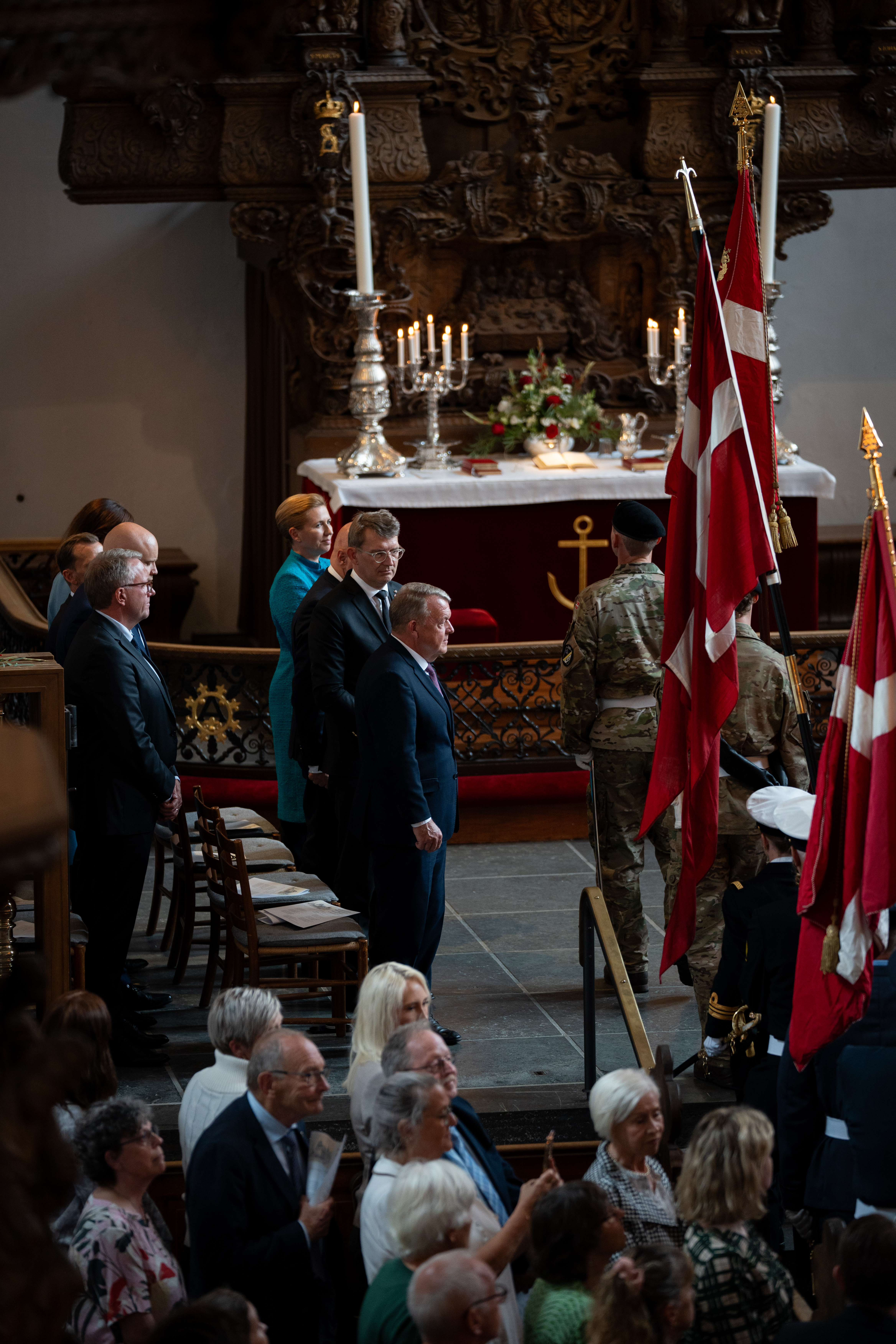 Statsminister Mette Frederiksen, forsvarsminister Troels Lund Poulsen og udenrigsminister Lars Løkke Rasmussen til gudstjeneste i Holmens Kirke.