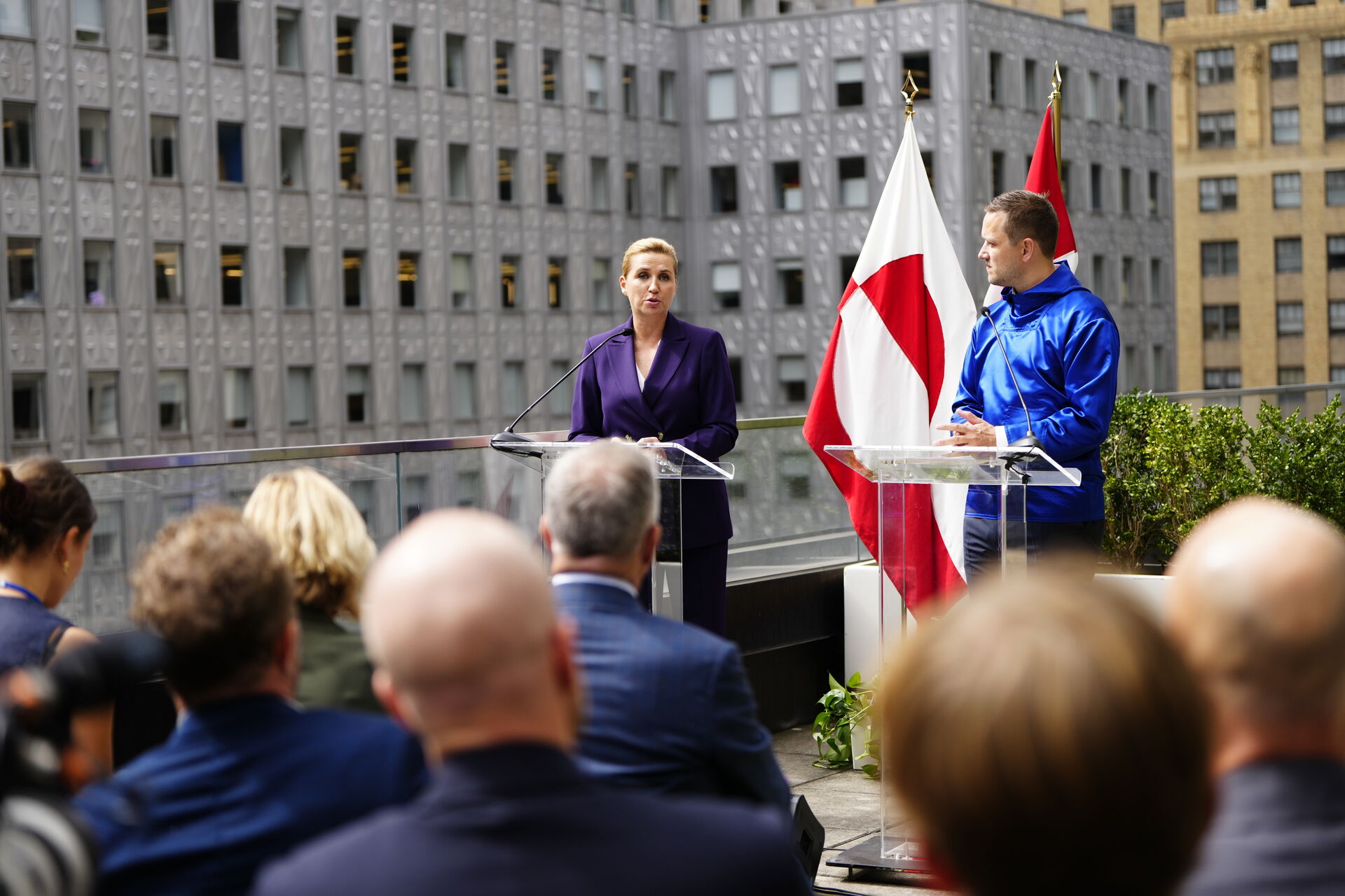 Statsminister Mette Frederiksen og formand for Naalakkersuisut Jens Frederik Nielsen holder pressemøde i New York